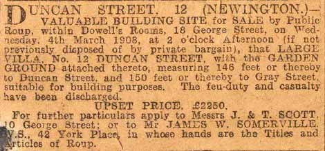 Newspaper notice about land for sale in Duncan Street