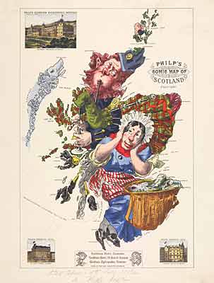 Map of Scotland made up of comic images of piper and woman