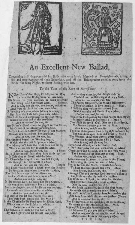 Broadside entitled 'An Excellent New Ballad concerning a Bridegroom and his Bride'