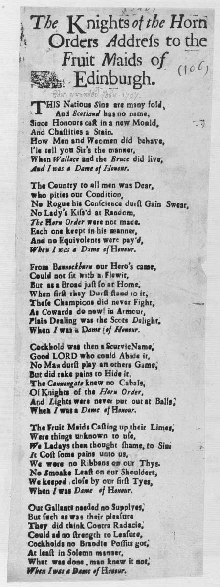 Broadside ballad entitled 'The Knights of the Horn Order's Address to the Fruit Maids of Edinburgh'