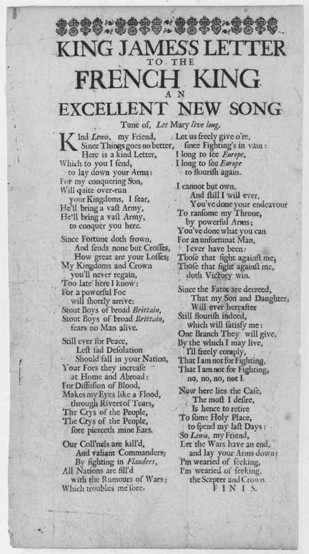 Broadside ballad entitled 'King James's Letter to the French King'