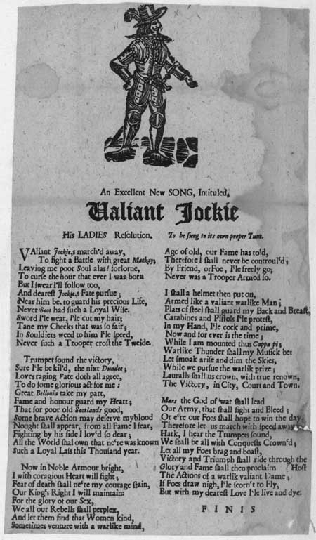 Broadside ballad entitled 'Valiant Jockie: His Lady's Resolution'