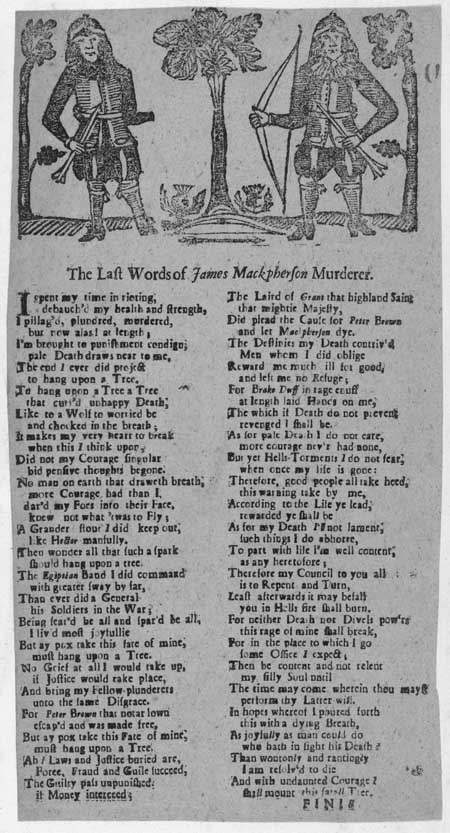 Broadside ballad entitled 'The Last Words of James Mackpherson Murderer'