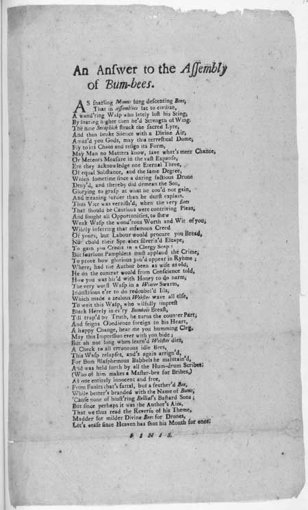 Broadside ballad entitled 'An Answer to the Assembly of Bum-bees'