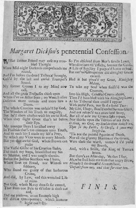 Broadside entitled 'Margaret Dickson's Penetential Confession'