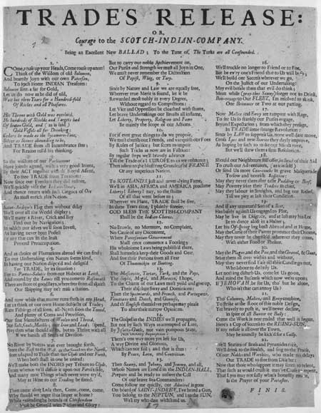 Broadside ballad entitled 'Trade's Release: or, Courage to the Scotch-Indian-Company'