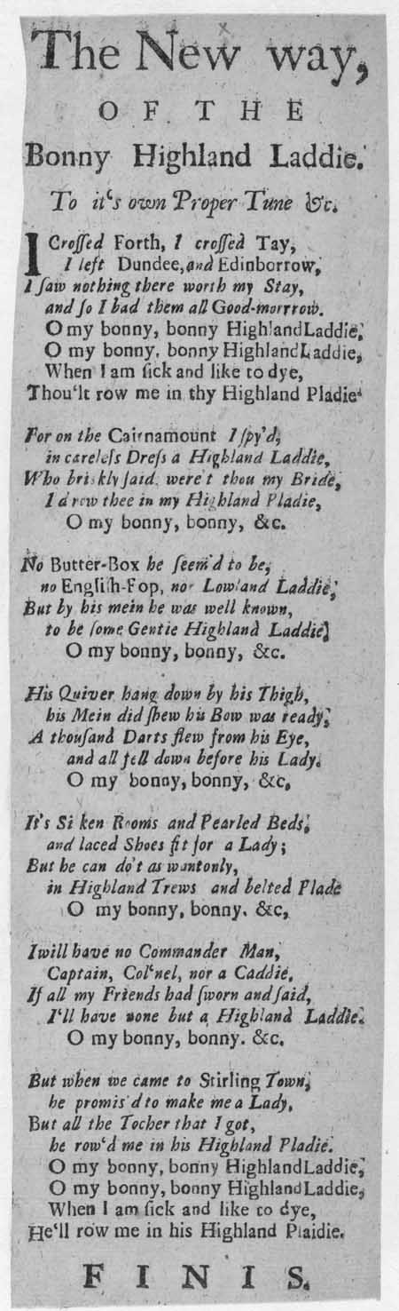 Broadside ballad entitled 'The New way, of the Bonny Highland Laddie'