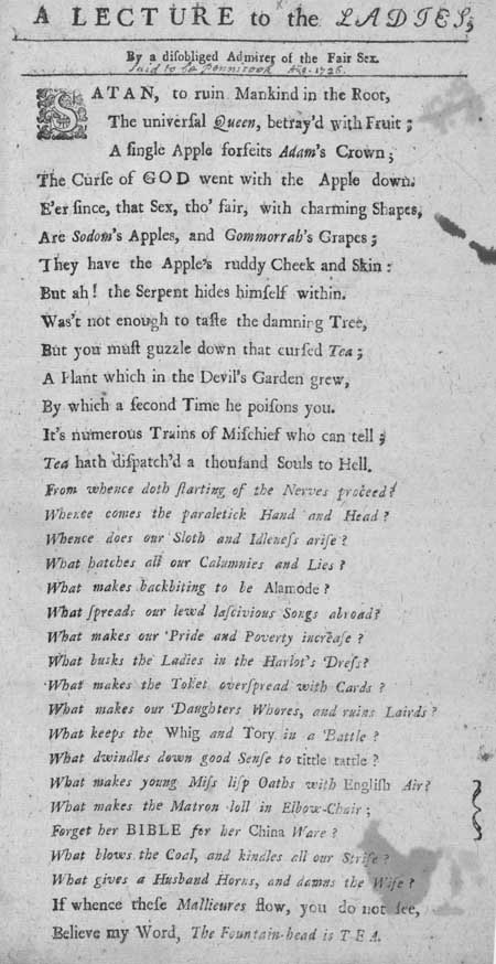 Broadside entitled 'A Lecture to the Ladies by a Disobliged Admirer of the Fair Sex'