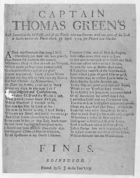 Broadside ballad concerning the execution of Captain Thomas Green for piracy and murder