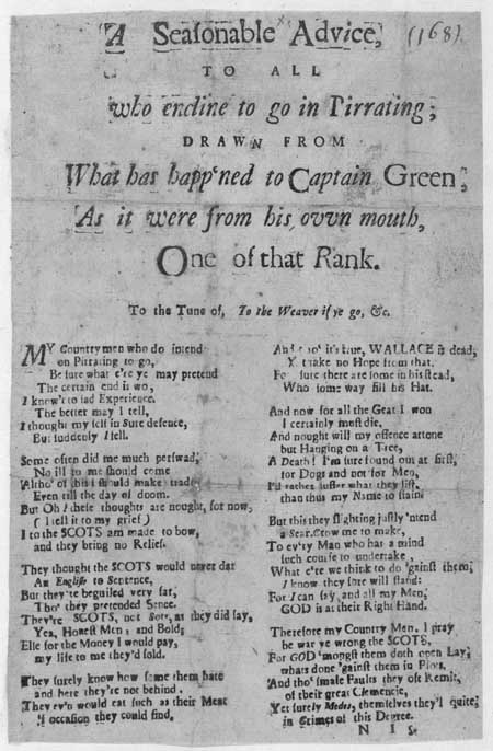 Broadside ballad concerning the terrible fate that awaits English pirates such as Captain Thomas Green
