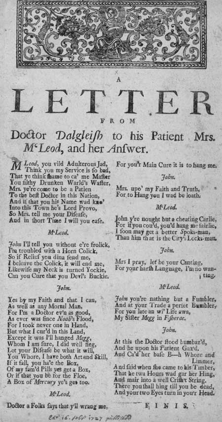 Broadside ballad entitled 'A Letter from Doctor Dalgeish to his Patient Mrs. M'Leod, and her Answer'