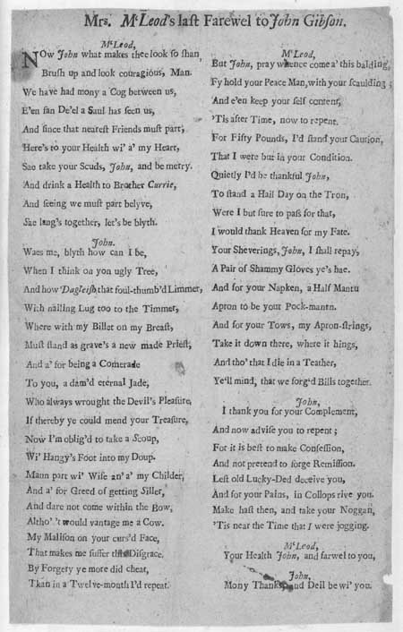 Broadside ballad entitled 'Mrs. M'Leod's last Farewel to John Gibson'