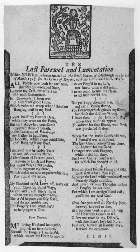 Broadside concerning the last words and lamentation of Mrs McLeod before her execution
