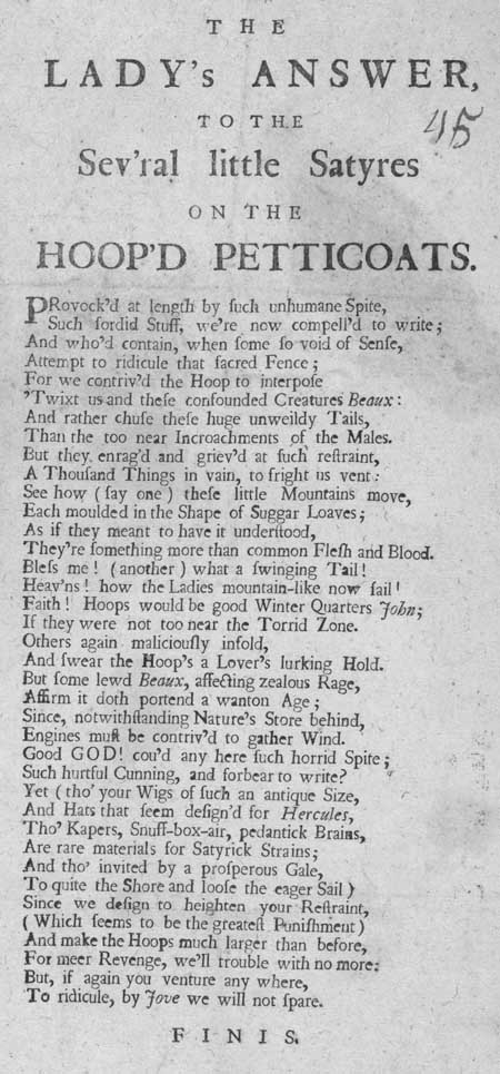 Broadside ballad entitled The Lady's Answer, to the Sev'ral little Satyres on the Hoop'd Petticoats'