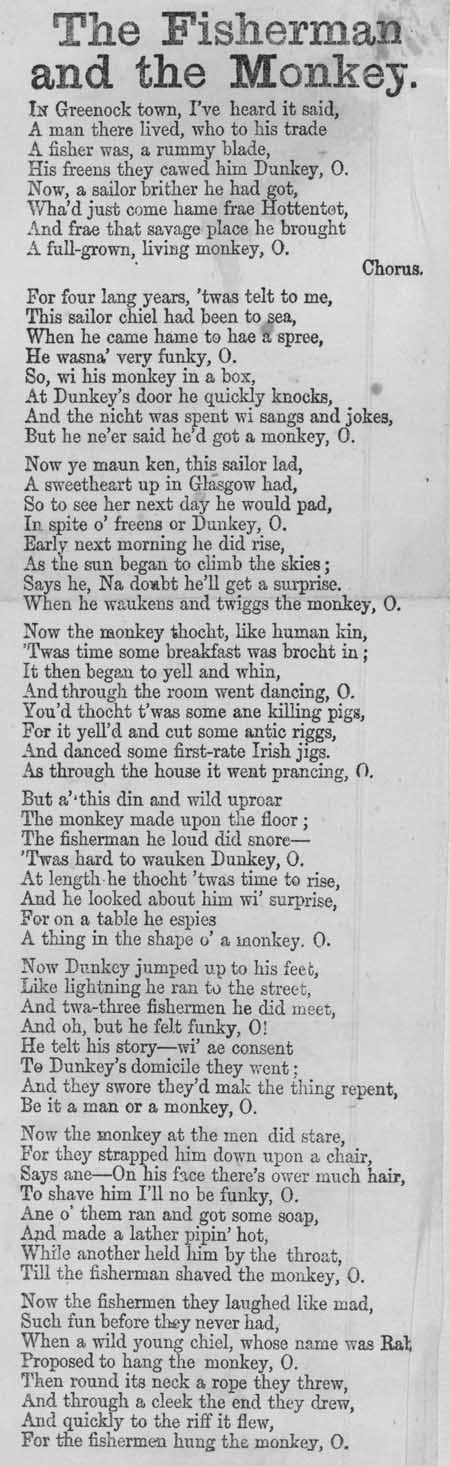 Broadside ballad entitled 'The Fisherman and the Monkey'