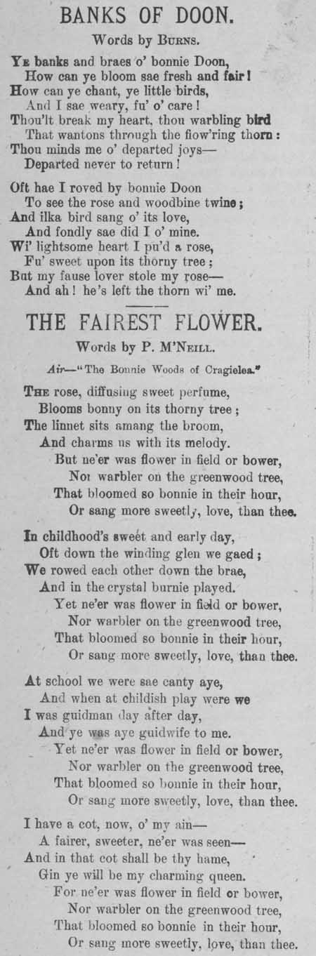 Broadside ballads entitled 'Banks of Doon' and 'The Fairest Flower'