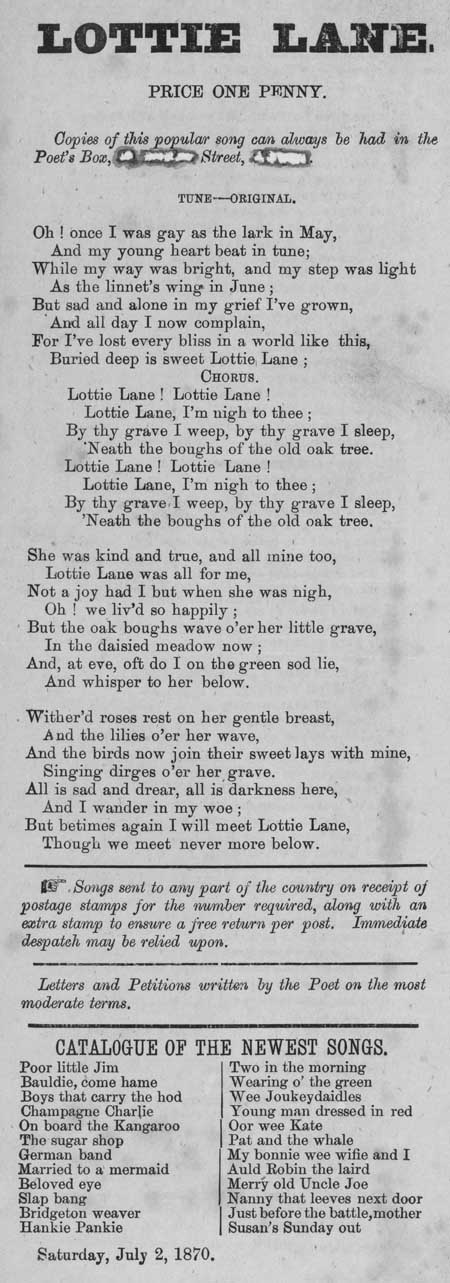 Broadside ballad entitled 'Lottie Lane'