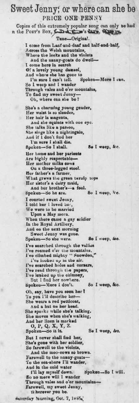 Broadside ballad entitled 'Sweet Jenny; or, Where Can She Be'