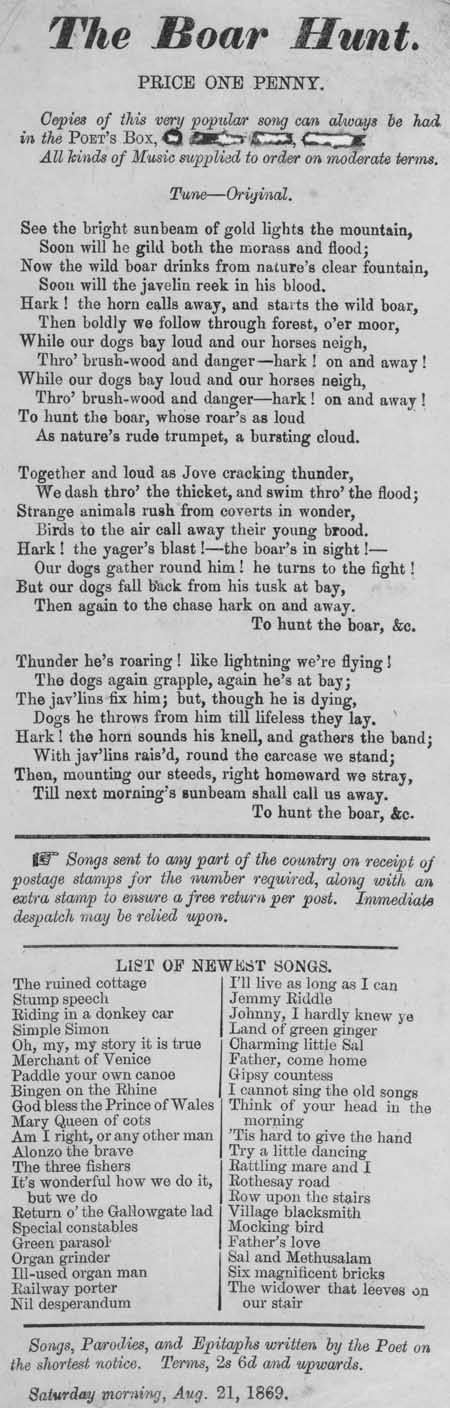 Broadside ballad entitled 'The Boar Hunt'