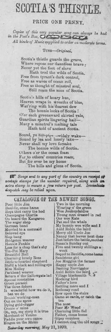 Broadside ballad entitled 'Scotia's Thistle'
