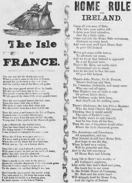 Broadside ballads entitled 'The Isle of France' and 'Home rule for Ireland'