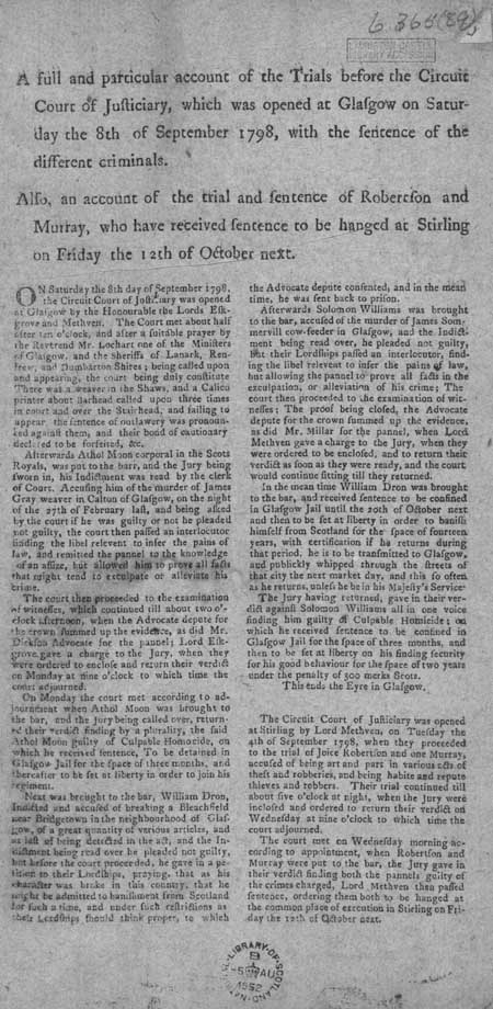 Broadside concerning the proceedings of the Circuit Court of Justiciary, Glasgow, Saturday 8th September 1798