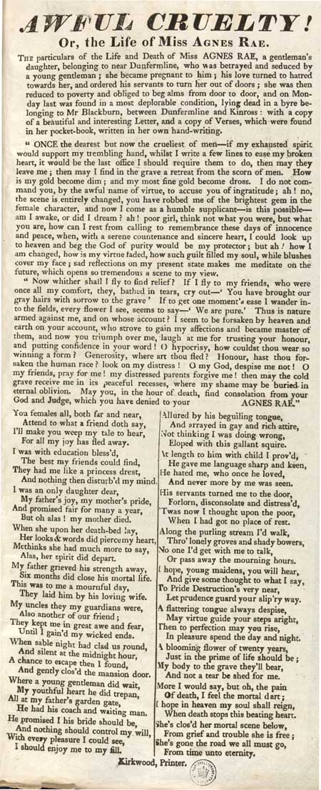 Broadside entitled 'Awful Cruelty! Or, the Life of Miss Agnes Rae'
