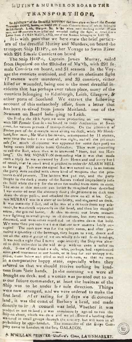 Broadside entitled 'Mutiny & murder aboard the transport Hope'