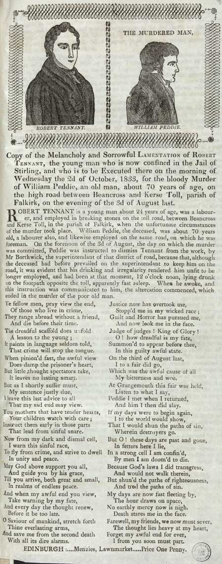 Broadside concerning the murder of William Peddie by Robert Tennant