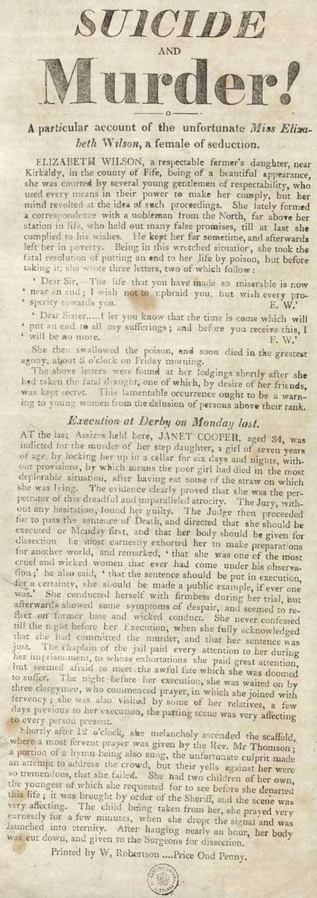 Broadside containing two reports, entitled 'Suicide and Murder!'