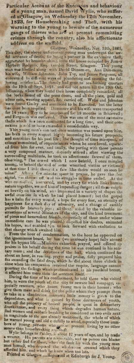 Broadside entitled 'Particular account of the execution'