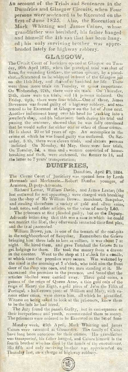 Broadsides concerning the proceedings of the Circuit Court of Justiciary, Dumfries and Glasgow