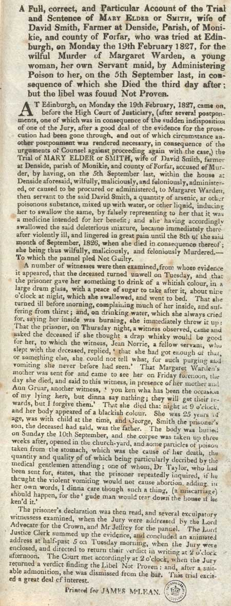 Broadside concerning the trial and sentence of Mary Elder or Smith