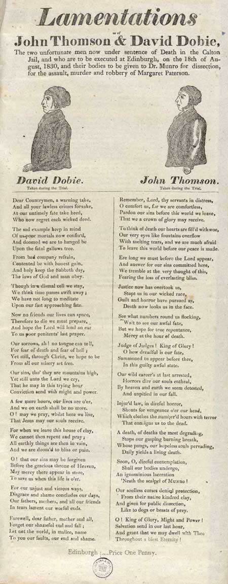Broadside entitled 'Lamentations As of John Thomson & David Dobie'