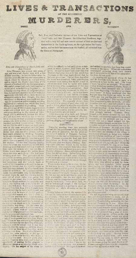 Broadside entitled 'Lives and Transactions of the Gilmerton Murderers, Dobie and Thomson'