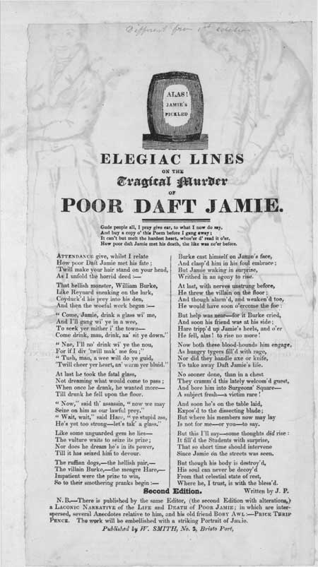 Broadside entitled 'Elegiac Lines On the Tragical Murder of Poor Daft Jamie'