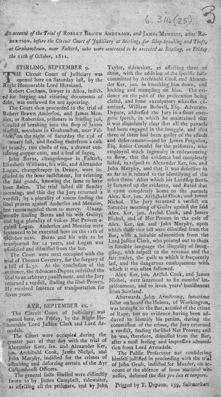 Broadside regarding the execution of Robert Brown Anderson and James Menzies or Robertson