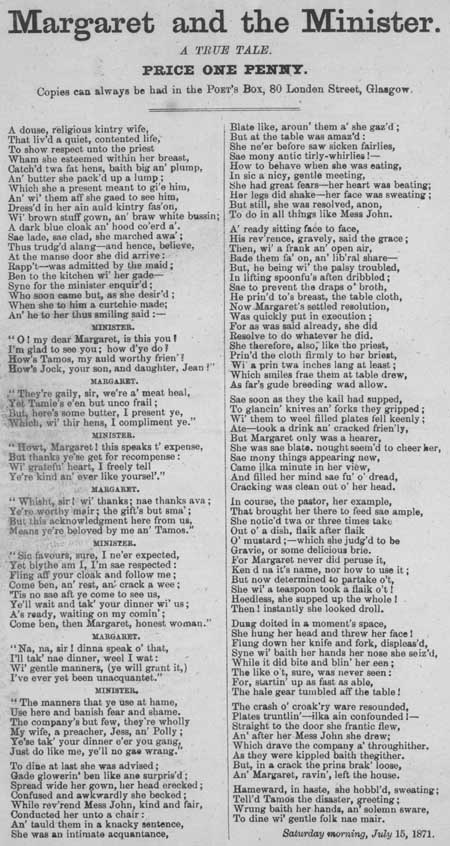 Broadside ballad entitled 'Margaret and the Minister, A True Tale'