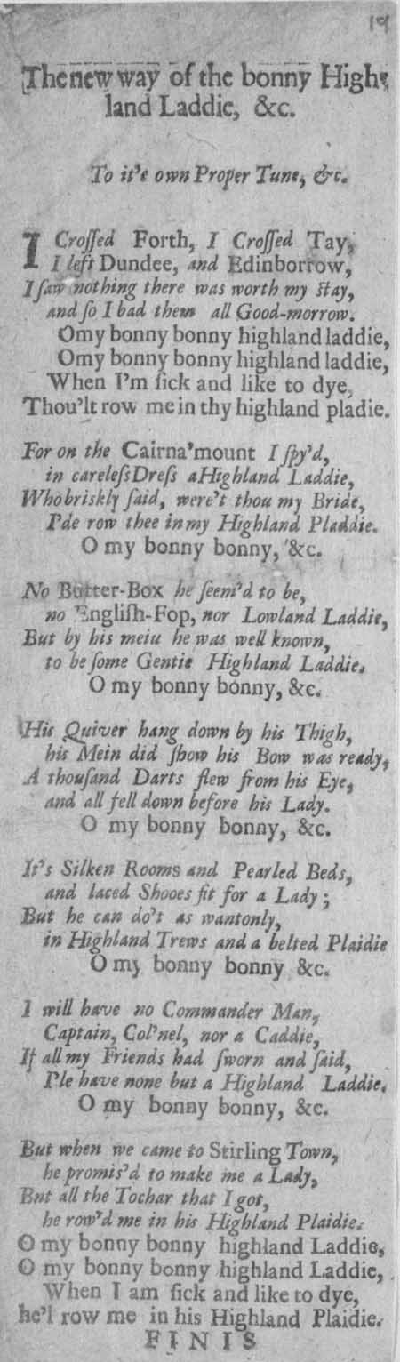 Broadside ballad entitled 'The New Way of the Bonny Highland Laddie, &c.'