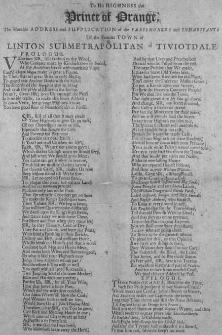 Broadside entitled 'To His Highness the Prince of Orange'