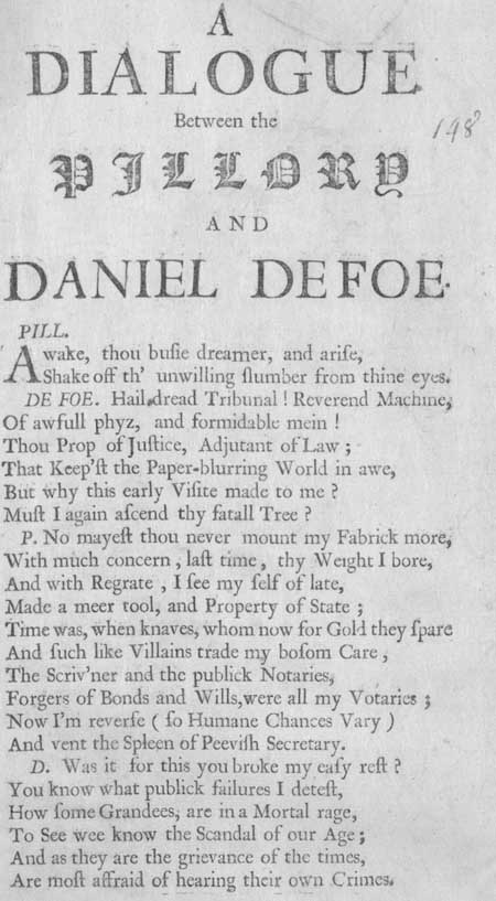 Broadside entitled 'A Dialogue between the Pillory and Daniel Defoe'