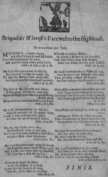 Broadside entitled 'Brigadier M'Intosh farewel to the Highlands'