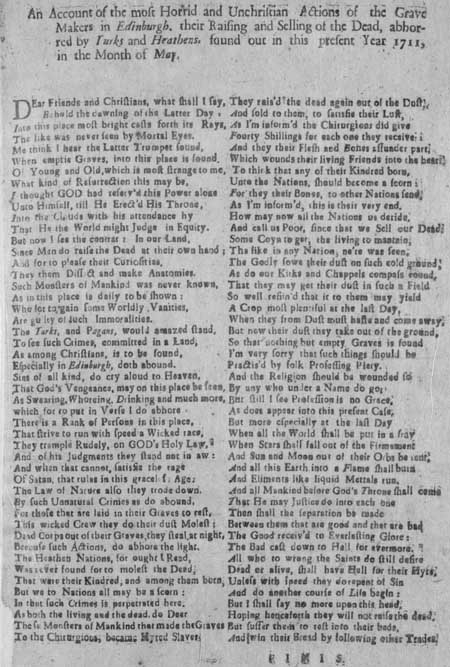 Broadside concerning body-snatching in Edinburgh in 1711