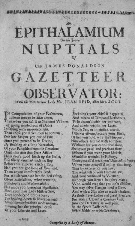 Broadside entitled 'An Epithalamium on the Jovial Nuptials of Capt. James Donaldson Gazetteer and Observator'
