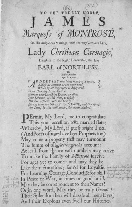 Broadside celebrating the marriage of James Marquess of Montrose to Lady Christian Carnegie, 1702