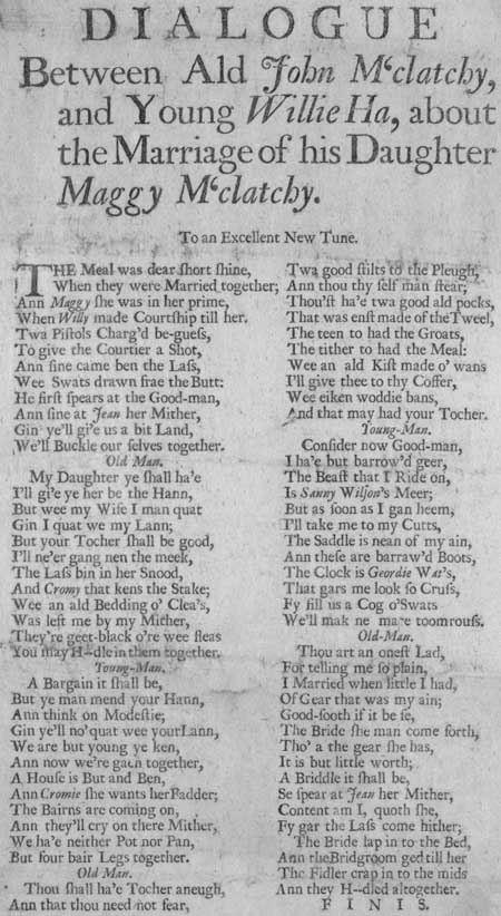 Broadside ballad entitled 'A Dialogue between ald John M'Clatchy and Young Willie Ha'