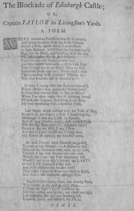 Broadside ballad entitled 'The Blockade of Edinburgh Castle; or, Captain Taylor in Livingston's Yards'