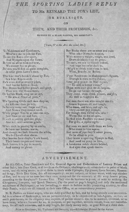 Broadside ballad entitled 'The Sporting Ladies Reply to Mr Reynard the Fox 's List, or Burlesque, on Them, and Their Profession, &c.'