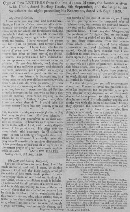 Broadside containing two letters written by Andrew Hardie in September 1820, on the night before his execution