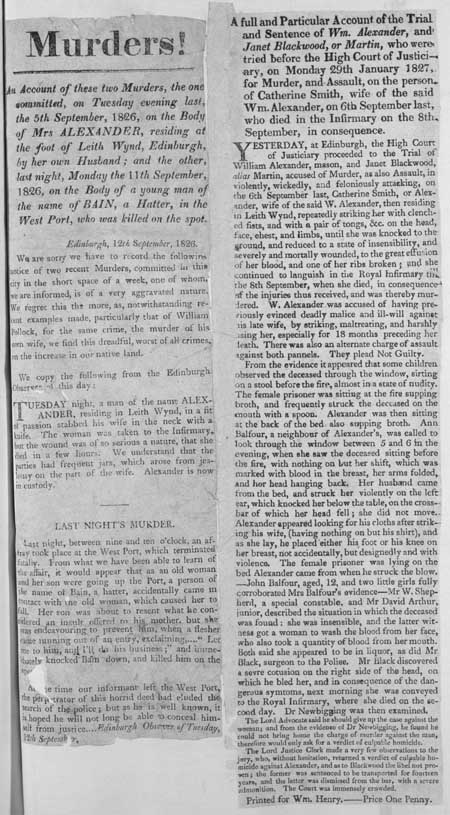Broadside regarding the trial and sentence of William Alexander and Janet Blackwood, or Martin